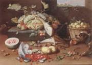 Still life of a watermelon,pears,grapes and melons,plums,apricots and pears in a basket,with a dog surprising a monkey and fraises-de-bois spilling ou Jan Van Kessel the Younger